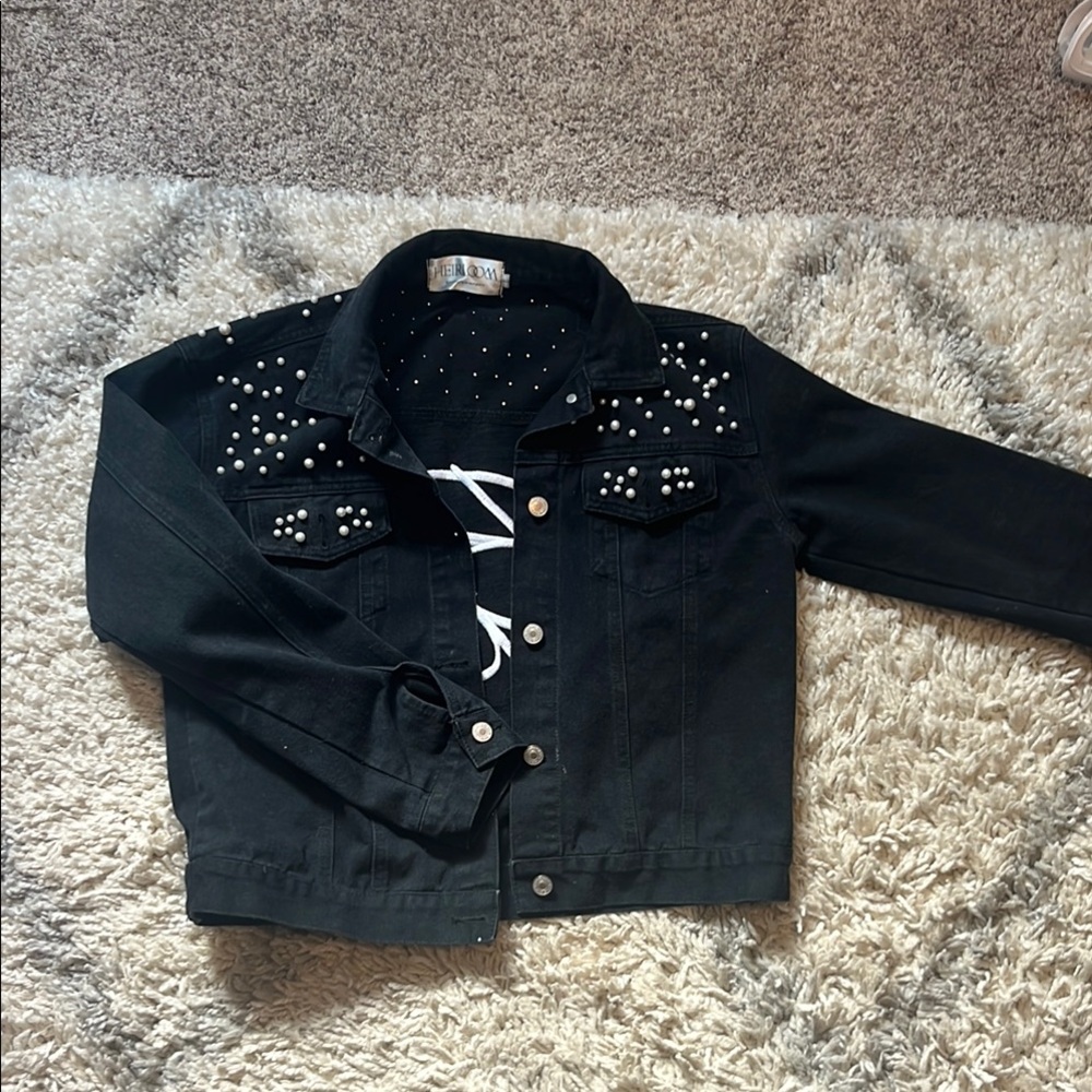 Pearl Studded Black Denim Jacket